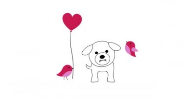 Sevgililer günü animasyonu Sevimli köpek ve kuşlarla