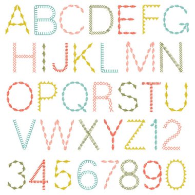 hand stitched vector colorful alphabet font clipart