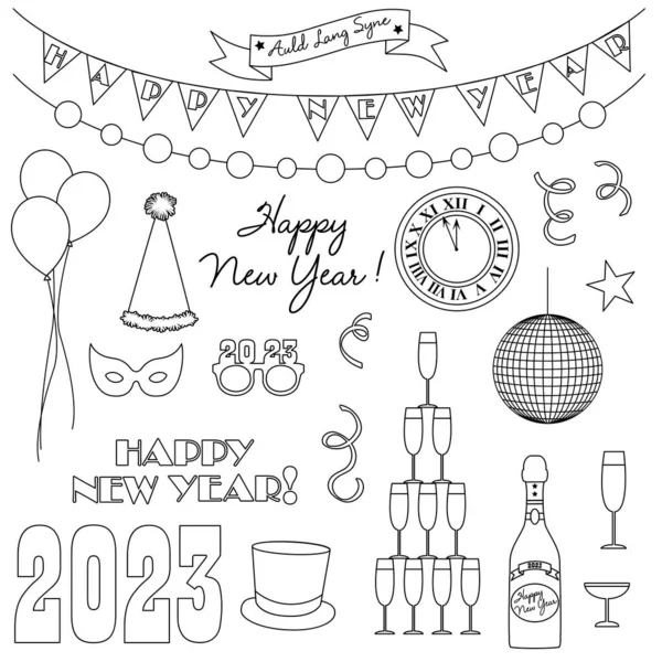 2023 New Years Eve Black Outline Digital Stamps — Stock Vector