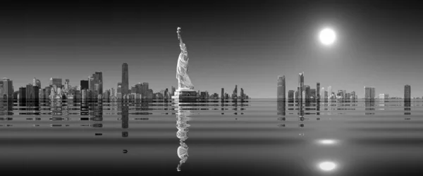 ポールの投げかけと海面上昇の後のニューヨーク市のディストピア写真 人間の行動による気候変動の産物 — ストック写真