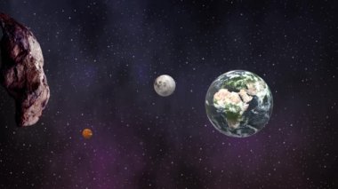 Dünya gezegeni, Ay ve dönen bir göktaşının olduğu bir uzay sahnesi, renkli yıldızların ve nebulaların arka planında yaklaşıyor.,