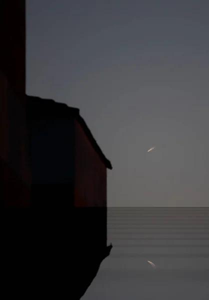 黙示録水の中に反射した彗星の写真焦点を当てずに不気味な家自然災害の早産写真 — ストック写真