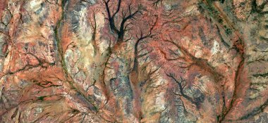 Sonbaharda orman, Afrika çöllerinin soyut fotoğraflarının havadan çekilmesi. Çöl manzaralarının havadan görünüşü, Tür: Soyut doğalcılık, soyuttan mecazlara