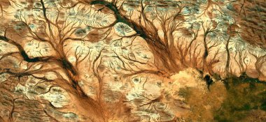 Sonbaharda orman, Afrika çöllerinin soyut fotoğraflarının havadan çekilmesi. Çöl manzaralarının havadan görünüşü, Tür: Soyut doğalcılık, soyuttan mecazlara