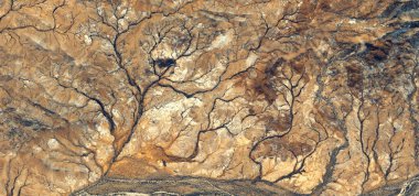 Sonbaharda orman, Afrika çöllerinin soyut fotoğraflarının havadan çekilmesi. Çöl manzaralarının havadan görünüşü, Tür: Soyut doğalcılık, soyuttan mecazlara