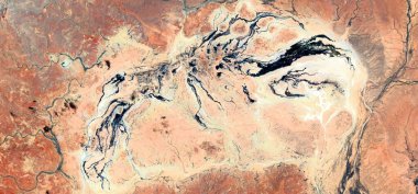 Mağara resminin şekil ve renklerini taklit eden Afrika çöllerinin soyut manzarası, Tür: Soyut bir fosil solucanı, soyuttan mecazlara