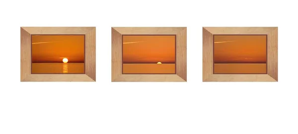 Light Wood Photo Frames Sunset Sea White Background Wall ストック写真