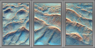 The waves, triptych with silver frame of abstract photography of the deserts of Africa from the air, clipart