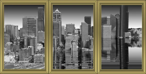 Dystopian Photograph Golden Frames Black White Photos City Seattle Being — Stockfoto