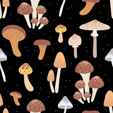 Mantarlı kusursuz desen. Sonbahar arkaplanı. Parmak izi, tekstil ve kumaş için el yapımı doku. Siyah arka planda kahverengi mantarlar.