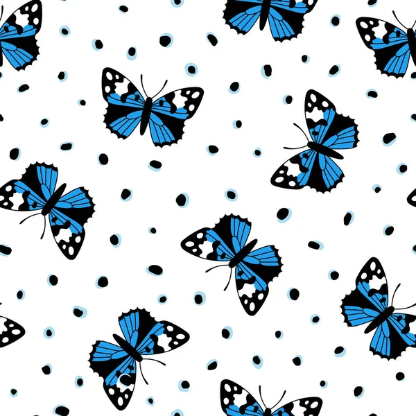 Απρόσκοπτη Μοτίβο Μπλε Πεταλούδες Διάστικτο Φόντο Χειροποίητη Διανυσματική Απεικόνιση Υφή — Διανυσματικό Αρχείο