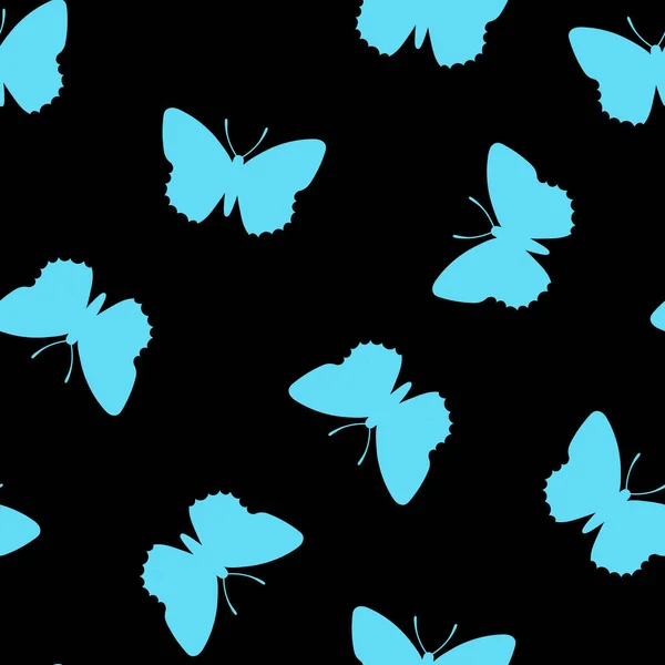 Nahtloses Muster Mit Blauen Schmetterlingen Auf Schwarzem Hintergrund Handgezeichnete Vektorillustration — Stockvektor