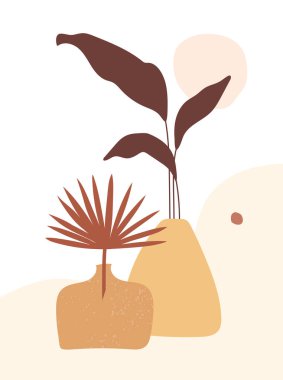 Palmiye yapraklı vazo posteri. Vektör modern nötr baskı. Boho duvar dekoru. Orta yüzyıl modern minimalist sanat baskısı. Düz dizayn. Toprak tonları, pastel terracotta renkleri.