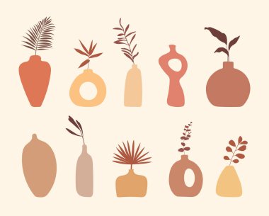 Soyut kil vazolar dizildi. Pastel renkli çağdaş illüstrasyonlar. Vektör düz çizim. İskandinav seramik vazosu.