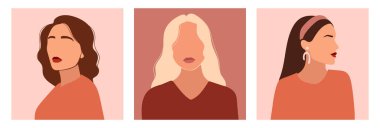 Soyut kadın portreleri seti. El çizimi vektör çizimi. Çağdaş sanat posterleri koleksiyonu.