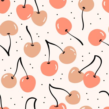 Kirazlı kusursuz desen. El çizimi vektör çizimi. Baskı, tekstil, kumaş, ambalaj için moda. Meyve arkaplanı