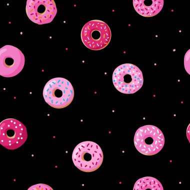 Siyah arka planda pembe çörekler olan kusursuz bir desen. El çizimi vektör çizimi. Yazdırma, tekstil, ambalaj için moda.