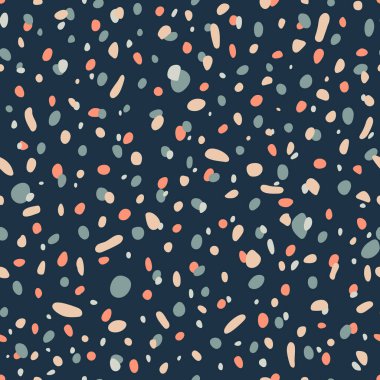 Koyu arkaplanda noktalar olan kusursuz desen. El çizimi vektör çizimi. Baskı için doku, tekstil, ambalaj. Puantiyeli desen. Hoş bir arkaplan