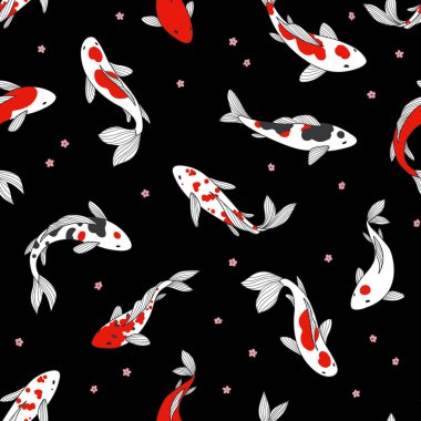 Siyah arka planda koi balığı olan kusursuz bir desen. Yazdırma, tekstil, kumaş, ambalaj için doğu dokusu