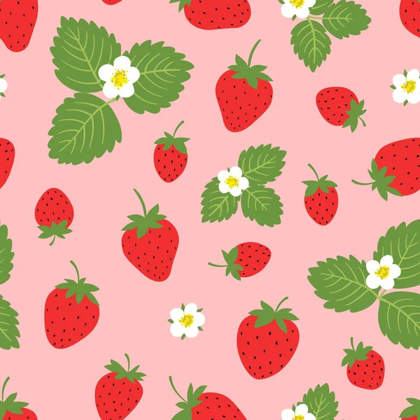 Pembe arka planda çilekli kusursuz desen. Yaz vektör illüstrasyonu. Baskı, tekstil, kumaş, ambalaj için doku
