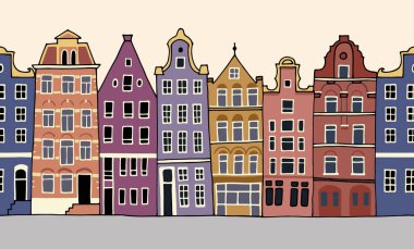 Amsterdam 'da pürüzsüz bir yapı var. Avrupa şehri. El çizimi vektör çizimi. Çizgi film ana hatları ön cephe.