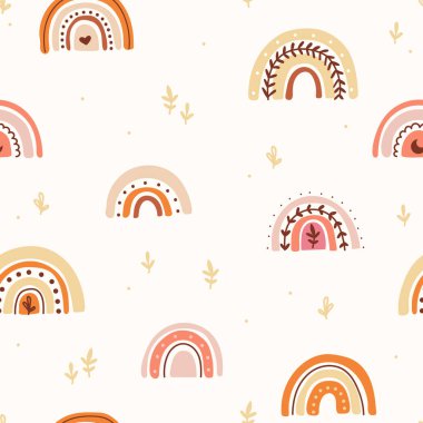 Soyut gökkuşaklarıyla kusursuz desen. Pastel renkli çağdaş illüstrasyonlar. Vektör düz çizim. Bohem sanatı. Baskı, tekstil, kumaş, ambalaj için doku