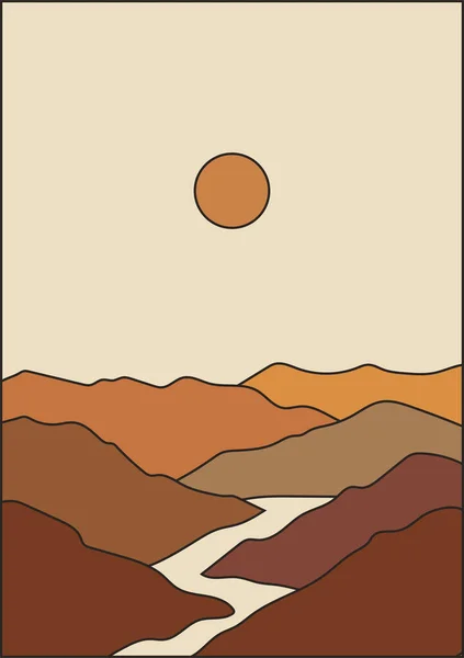 Paysage Abstrait Avec Soleil Montagnes Illustration Vectorielle Dessinée Main Art — Image vectorielle