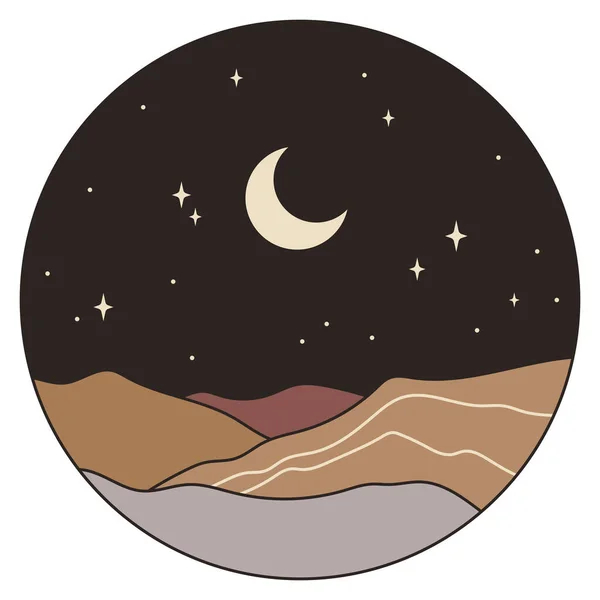 抽象的な風景 月と星 手描きベクトルイラスト ボヘミアンアート — ストックベクタ