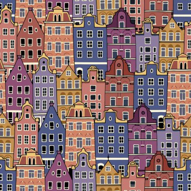  Amsterdam 'da pürüzsüz bir yapı var. Avrupa şehri. El çizimi vektör çizimi. Çizgi filmlerdeki gibi ön cephelerde. Baskı, tekstil, kumaş, ambalaj için doku.