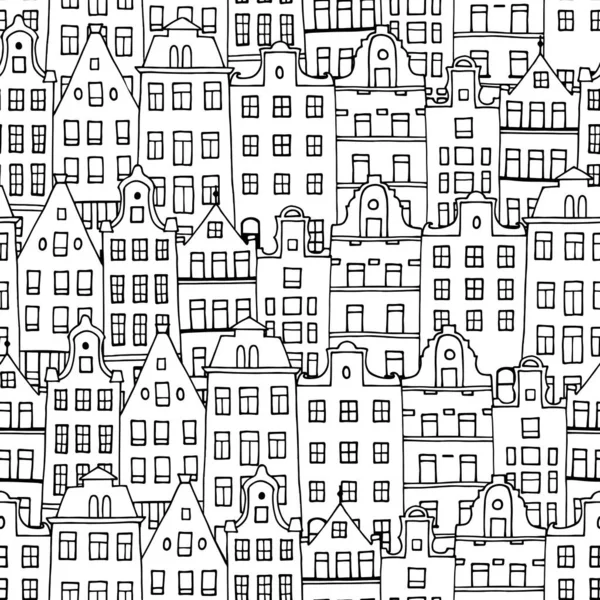Amsterdam 'da pürüzsüz bir yapı var. Avrupa şehri. El çizimi vektör çizimi. Siyah ve beyaz. Çizgi filmlerdeki gibi ön cephelerde. Baskı, tekstil, kumaş, ambalaj için doku