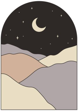 Aylı ve dağlı soyut bir manzara. El çizimi vektör çizimi. Boho duvar sanatı.