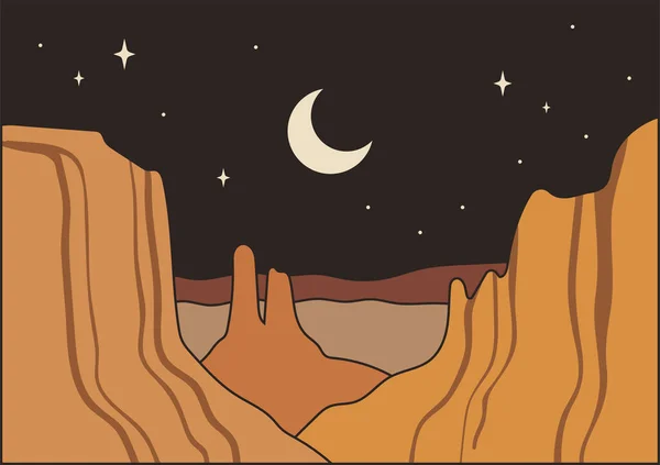 抽象的なBoho風景 月と星 手描きベクトルイラスト ボヘミアンアート — ストックベクタ