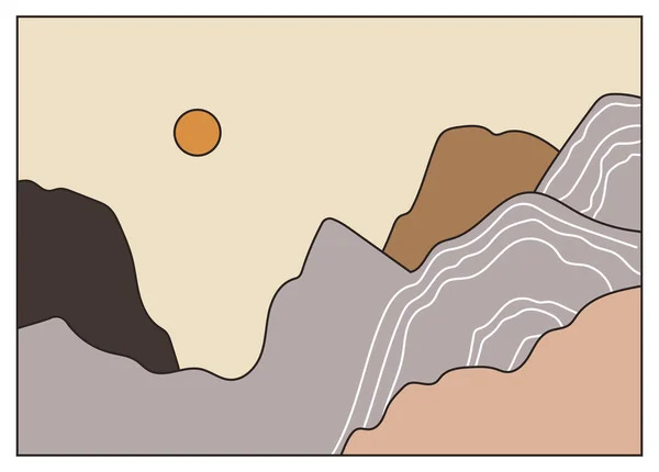 太陽と山と抽象的なBoho風景 パステルカラーの現代的なベクトルイラスト 平面抽象的なデザイン ボヘミアンアート — ストックベクタ