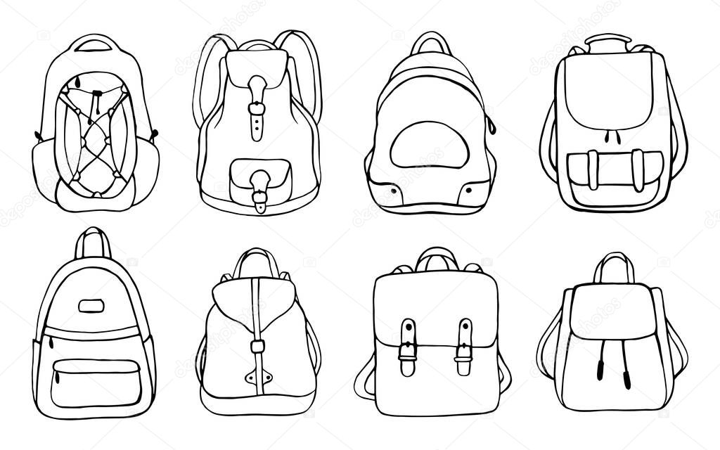 ector set of doodle backpacks. Hand drawn vector illustration. Isolated objects on white background