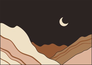 Aylı ve dağlı soyut boho manzarası. El çizimi vektör çizimi. Bohem sanatı.