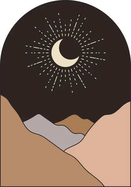 月と山の抽象的な風景 手描きベクトルイラスト ウォール アート ホーム装飾 — ストックベクタ