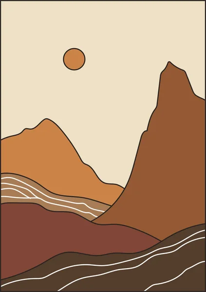 太陽と山の抽象的な風景 手描きベクトルイラスト ボヘミアンアート — ストックベクタ