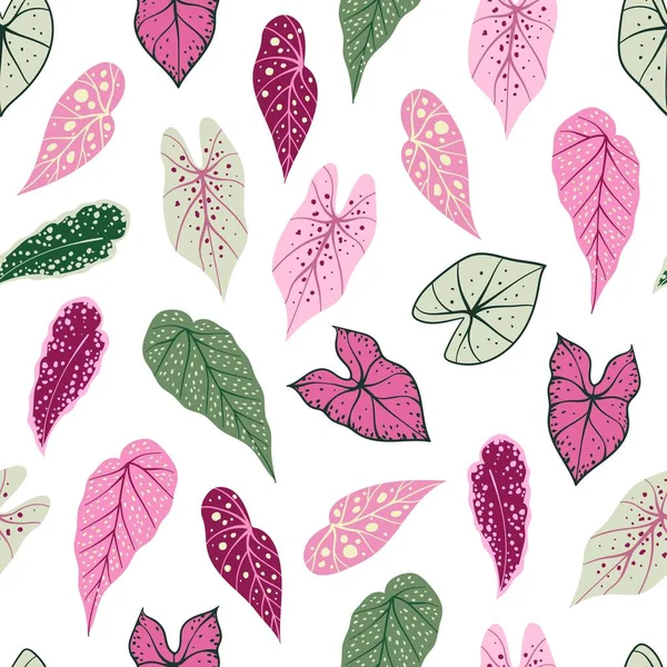 Seamless Pattern Green Pink Begonia Leaves Hand Drawn Vector Background — Stockový vektor