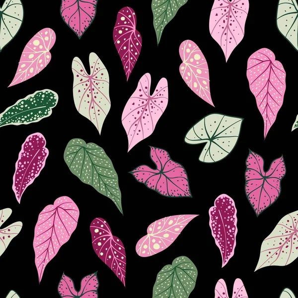Seamless Pattern Green Pink Begonia Leaves Black Background Hand Drawn — Stockový vektor