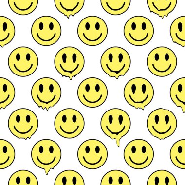 Melted smiley face seamless pattern. Trippy Background. Rave psychedelic graphics. Trendy texture for print, textile, fabric, packaging