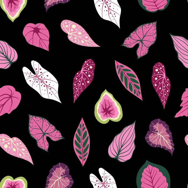 Seamless Pattern Pink Leaves Black Background Hand Drawn Vector Illustration — Stock Vector