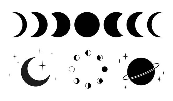 Set Moon Stars Planet Composition Stars Moon Phases Night Sky — Stockvektor