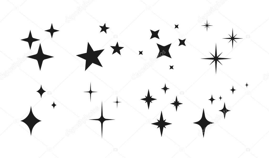 Set of Shiny sparks. Composition with stars. Night sky. Symbols of night. Vector illustration. Isolated object on white background. Magic sparkle