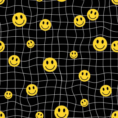 Koyu arkaplanda gülümseyen yüzü olan kusursuz bir desen. Vektör çizimi. Yazdırma, tekstil, kumaş, ambalaj için moda.
