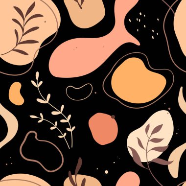 Renkli soyut şekilleri ve koyu arkaplanda yaprakları olan kusursuz bir desen. El çizimi vektör çizimi. Baskı, tekstil, kumaş, ambalaj için doku