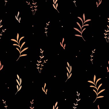 Siyah arka planda yaprakları olan kusursuz bir desen. Doğa sanat vektörü illüstrasyonu. Pastel renklerde boho yaprağı. Baskı, tekstil, kumaş, ev dekorasyonu, duvar sanatı, sosyal medya için moda.