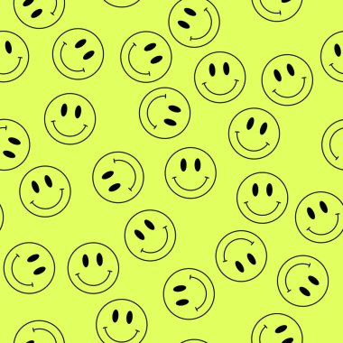 Seamless pattern with smiling faces. Acid background. Psychedelic vector illustration. Trippy texture texture for print, textile, fabric.