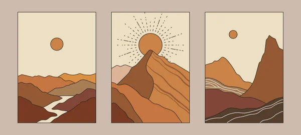 Boho Vector Set Contemporary Compositions Sun Mountains Abstract Landscape Bohemian — 스톡 벡터