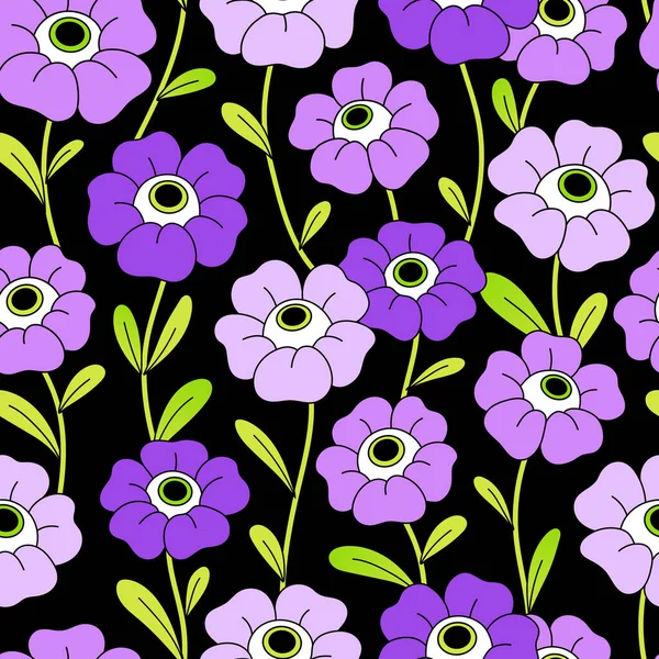 Безшовний Візерунок Фіолетовими Квітами Чорному Тлі Тріппі Векторні Ілюстрації Текстура — стоковий вектор