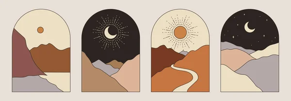 Boho Vector Set Contemporary Compositions Sun Mountains Abstract Landscape Bohemian — Stock vektor
